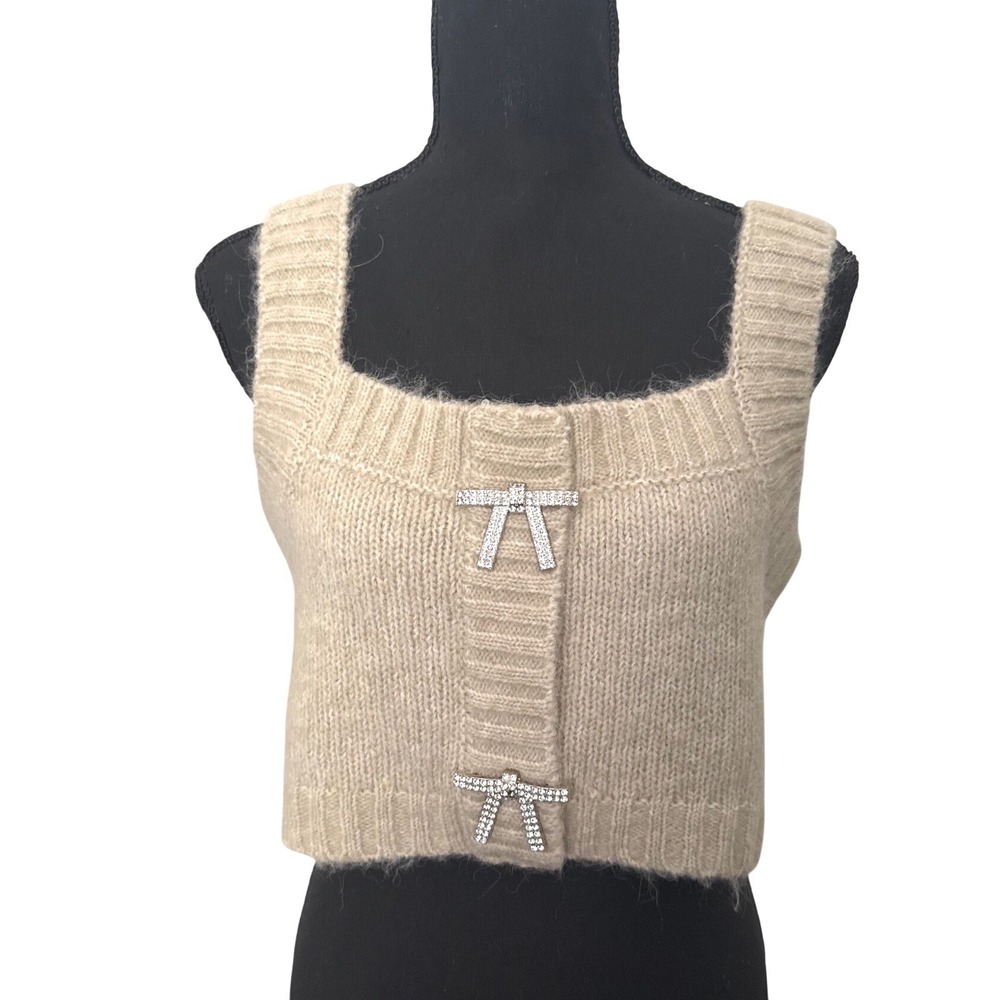 ZARA Beige Knit Cropped Tank Top Rhinestone Embellished Sleeveless M Y2K